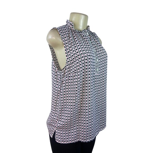 Talbots Women's Sleeveless Blouse With Ruffle Neck & Geometric Pattern Sz M - Picture 2 of 7